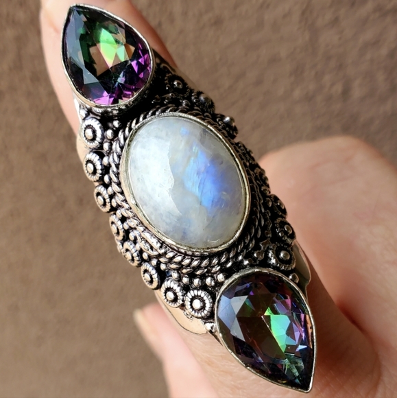 New Rainbow Moonstone & Mystic Topaz Silver Statement Ring. - Picture 4 of 11